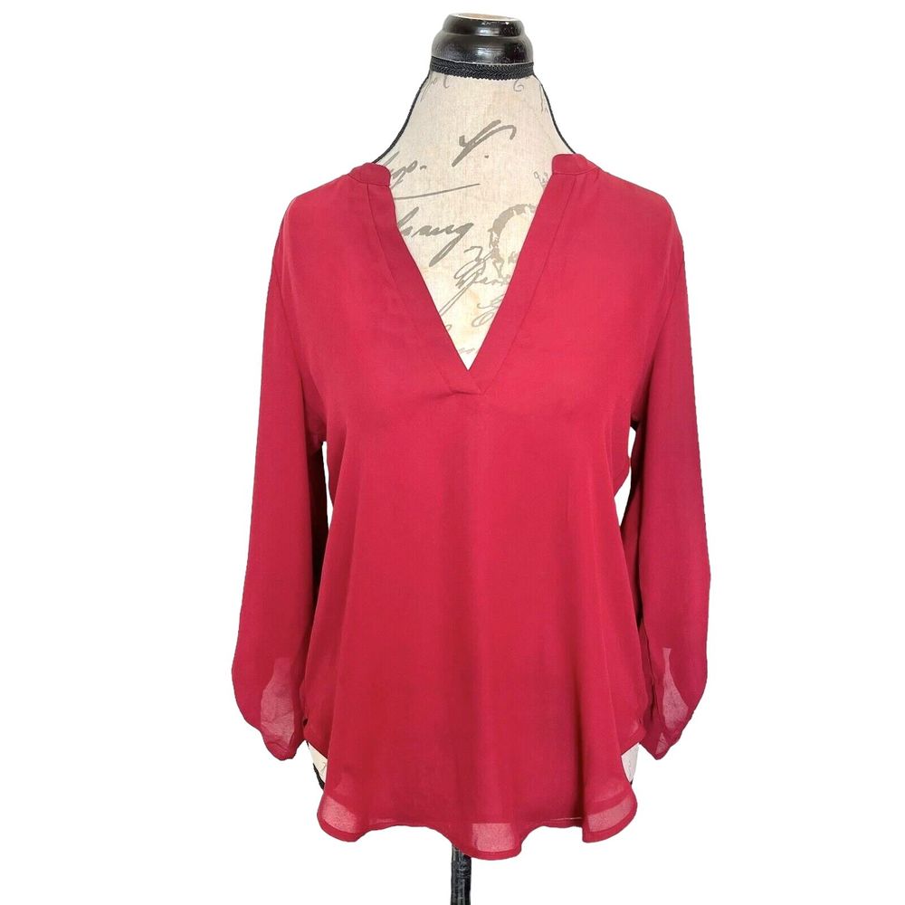 Lush Blouse Size Medium Red Popover V Neckline Rolled up Cuffs Christmas Holiday